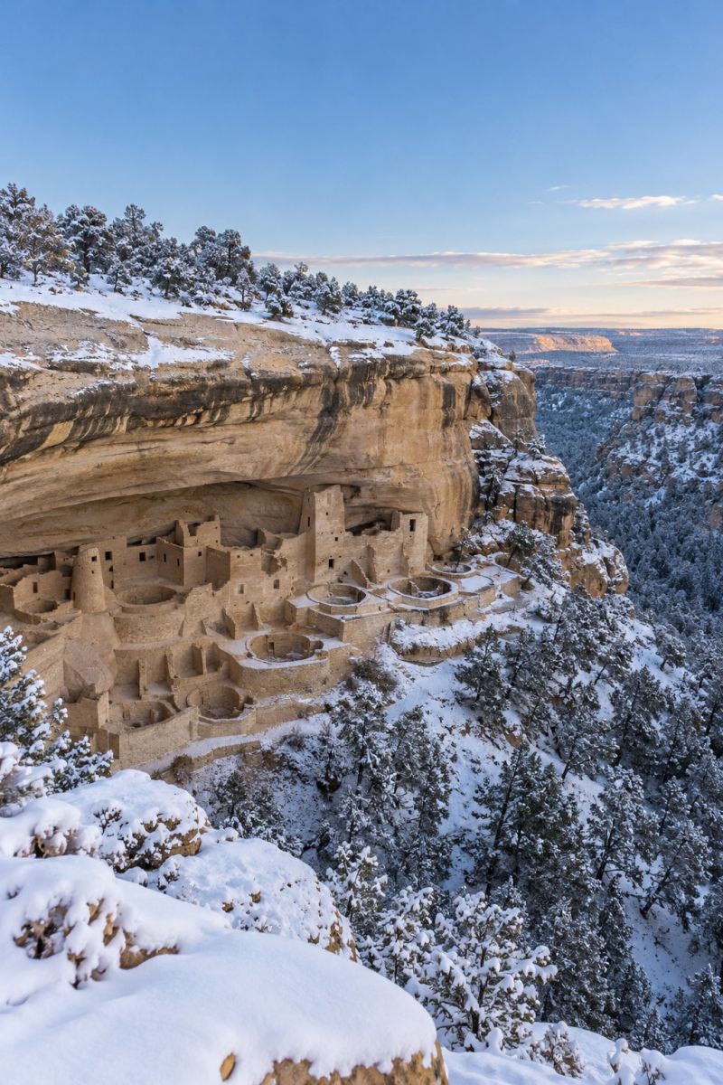 Falaise neige hiver montagne rocher batiment architecture ruine ciel nuage colline arbre foret vallee nature air jour habitation scène hivernale à couper le souffle mettant en vedette les anciennes habitations sur les falaises du parc national de Mesa Verde, dans le Colorado. Nichées dans la falaise escarpée, les habitations sont construites en pierre et sont partiellement recouvertes de neige, créant un contraste saisissant avec le ciel bleu clair. Le paysage enneigé s'étend le long de la falaise, recouvrant le sol et les arbres environnants. Le ciel est clair avec quelques nuages vaporeux, et les rayons du soleil illuminent la scène, projetant une lueur chaleureuse sur la neige et les anciennes structures. Au loin, le paysage s'ouvre sur une vaste vallée enneigée, laissant entrevoir le terrain vaste et accidenté du parc.