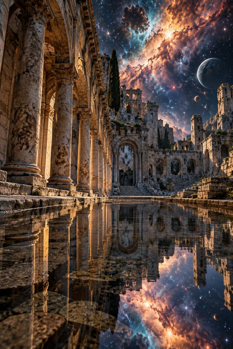 Architecture building city classical ruins temple grand, ancient architectural structure, possibly a temple or palace, with tall, weathered columns and arches. The building is set against a back of a vibrant, starry night sky filled with colorful nebulae and celestial bodies. The sky is a mix of deep blues, purples, and oranges, with stars and planets scattered throughout. The structure is reflected in a calm body of water, creating a mirror image that adds to the surreal and majestic atmosphere. The scene combines elements of classical architecture with a fantastical, otherworldly sky, giving it a dreamlike quality.