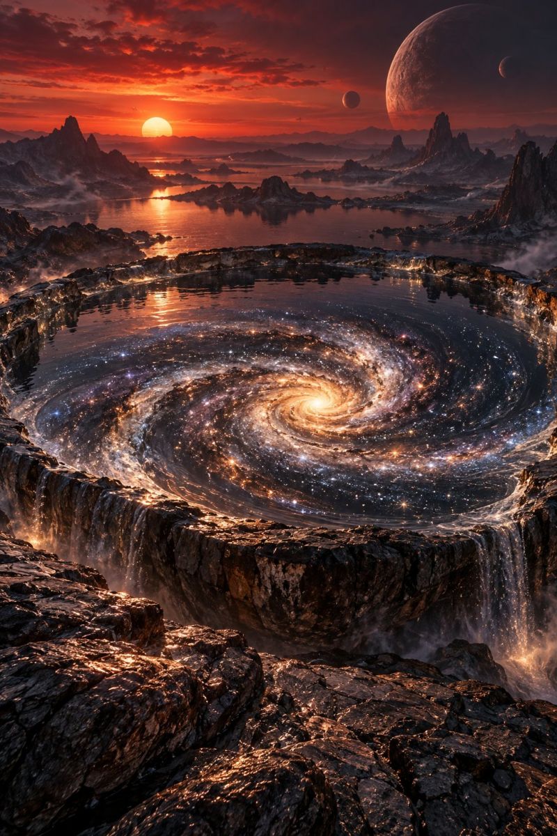 Space galaxy universe astronomy cosmic celestial star planet orbit cosmology astrophysics starlight nebula quasar supernova solar system radiation hol A dramatic scene depicts a sunset over a vast, rocky landscape with a large circular body of water at its center. The water swirls like a galaxy, with stars and nebulae scattered throughout. The sky is a deep red, with clouds illuminated by the setting sun. In the distance, several planets and moons are visible, adding to the cosmic theme. The foreground features jagged rocks and a waterfall cascading into the circular body of water.