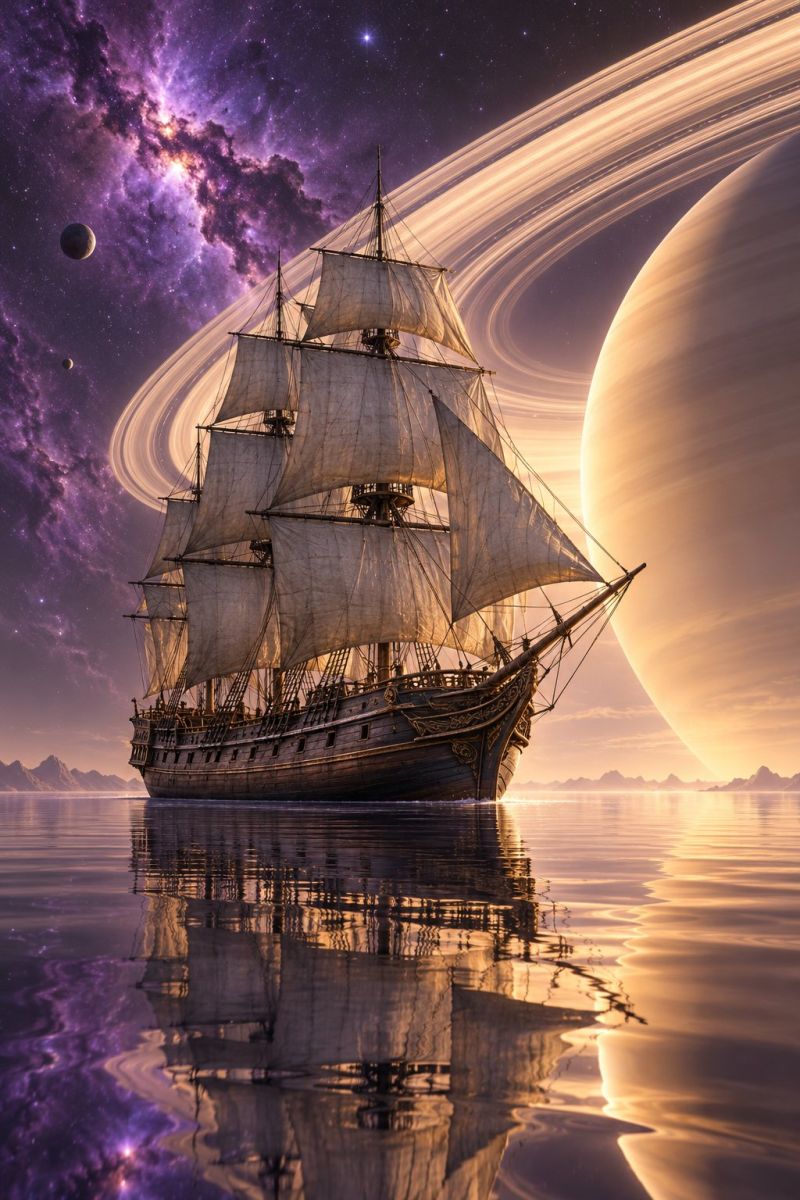 Vaisseau espace planete univers ciel eau reflexion nuit astronomie galaxie etoile cosmos celeste exploration spatial voyage navigation Un voilier à l'ancienne avec plusieurs mâts et voiles navigue sur une mer calme. Le reflet du navire est visible à la surface de l'eau. En arrière-plan, il y a une grande planète avec des anneaux, peut-être Saturne, et une galaxie avec des étoiles et des nuages. Le ciel est un mélange de teintes violettes et oranges, créant une atmosphère onirique et surréaliste.