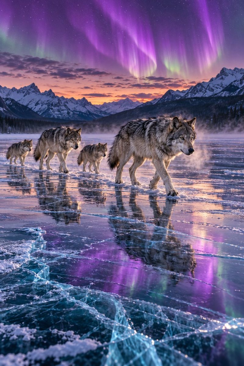 Loups glace lac montagnes nuit ciel neige aurore reflet faune meute gel froid hiver nature aventure exploration Une meute de loups marche sur un lac gelé sous un ciel rempli d'aurores boréales. Les loups sont gris et blancs, le plus gros étant en tête de la meute. Leurs reflets sont visibles sur la glace, et le ciel au-dessus est un mélange de teintes violettes et vertes provenant des aurores boréales. À l'arrière-plan, il y a des montagnes enneigées et le ciel passe de l'orange au violet au coucher du soleil.