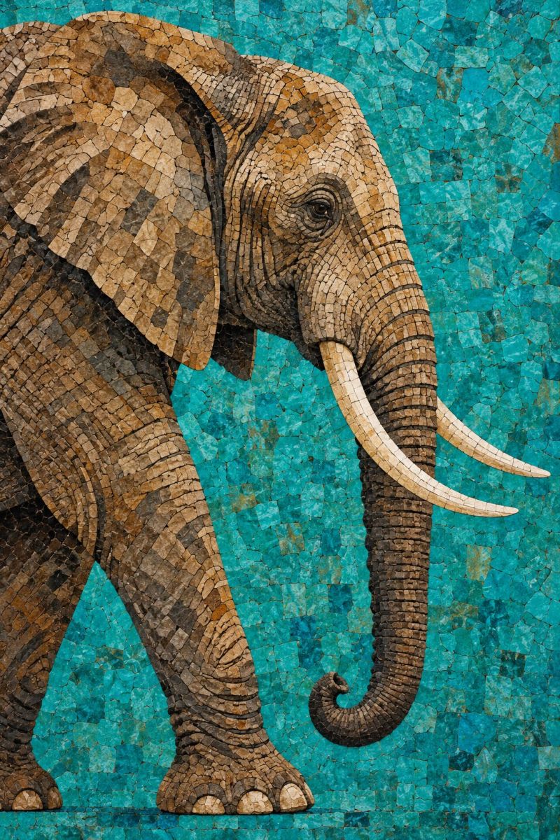 Elephant mosaique faune animal nature texture pierre mur decoration maison interieur design sculpture artisanat main illustration détaillée en mosaïque d'un éléphant. L'éléphant est représenté sur une vue latérale, avec son corps et sa tête composés de petits carreaux placés de manière complexe. Les carreaux sont principalement des tons de brun et de gris, donnant à l'éléphant un aspect texturé et réaliste. Les yeux de l'éléphant sont sombres et ses oreilles sont grandes et détaillées. Le fond de la mosaïque est d'un bleu éclatant, composé de petits carreaux qui créent un effet chatoyant. La trompe de l'éléphant est longue et incurvée, et ses défenses sont blanches, ce qui contraste avec les tons terreux du reste de l'éléphant. L'effet global est une représentation réaliste d'un éléphant, sur un fond bleu saisissant.