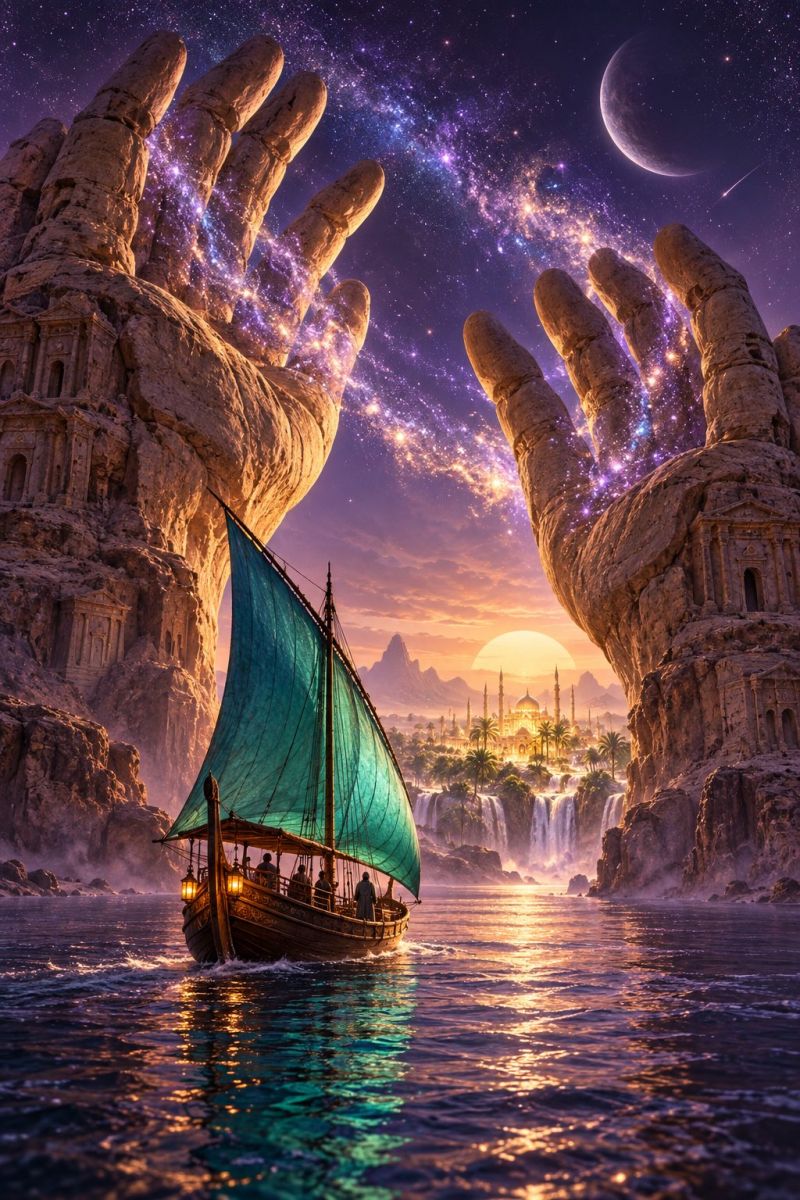 Boat water sky night hand rock mountain sunset city building dome tree waterfall moon star galaxy universe fantasy palm A boat with a green sail is sailing on a river, with people on board. The river is surrounded by rocky cliffs with ancient structures carved into them. The sky is a deep purple, filled with stars and a large moon. Two large, rocky hands are reaching down from the sky, one with a glowing effect. In the distance, there is a city with a large dome-shaped building and a waterfall.