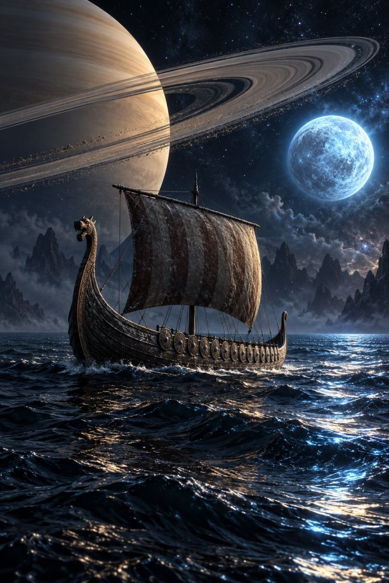 Espace bateau navire eau ocean mer lune planete ciel nuit obscurite nuage etoile astronomie univers cosmos exploration fantaisie Un ancien drakkar viking navigue dans des eaux sombres et agitées sous un ciel nocturne rempli de corps célestes. Le navire arbore une tête de dragon à la proue et une voile en lambeaux. En arrière-plan, une grande planète avec des anneaux et une lune brillante dominent le ciel. Des montagnes rocheuses sont visibles de chaque côté du navire et l'eau réfléchit la lumière des corps célestes.