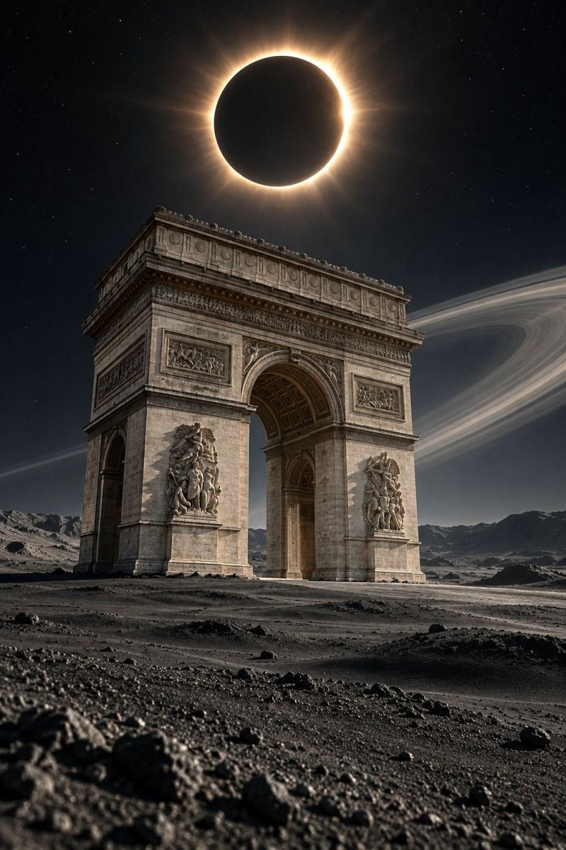 Architecture astronomie batiment classique sombre design eclipse france monument sculpture l'Arc de Triomphe du Carrousel, monument historique de Paris, en France, sous un ciel nocturne spectaculaire. Le monument occupe une place importante au premier plan, avec sa conception architecturale classique comprenant des sculptures et des statues complexes. Au-dessus du monument, une éclipse solaire totale se produit, la lune recouvrant complètement le soleil, projetant une ombre noire sur la scène. Le ciel est d'un bleu foncé profond et les étoiles sont visibles, ce qui contribue à l'atmosphère céleste. En arrière-plan, les anneaux de Saturne sont à peine visibles, créant un effet surréaliste et surnaturel. Le sol est recouvert d'un terrain rocheux et sombre, ce qui renforce l'ambiance dramatique et mystérieuse de l'image.
