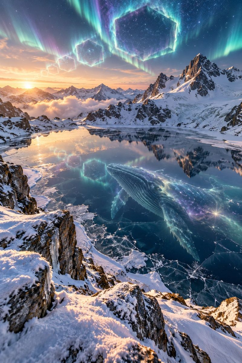 Mountains snow reflection water sky night stars clouds ice rocks sun sunset horizon fog aurora borealis northern In the foreground, a snowy mountain landscape is visible, with jagged rocks and a frozen lake. The lake reflects the sky and the surrounding mountains, creating a serene and tranquil atmosphere. A large, glowing whale is swimming in the lake, its body illuminated by a soft, ethereal light. The sky above is filled with vibrant, colorful auroras, with hues of green, purple, and pink dancing across the night sky. The auroras are accompanied by a series of hexagonal shapes, adding a mystical and otherworldly touch to the scene. The sun is setting in the distance, casting a warm, golden glow over the landscape.