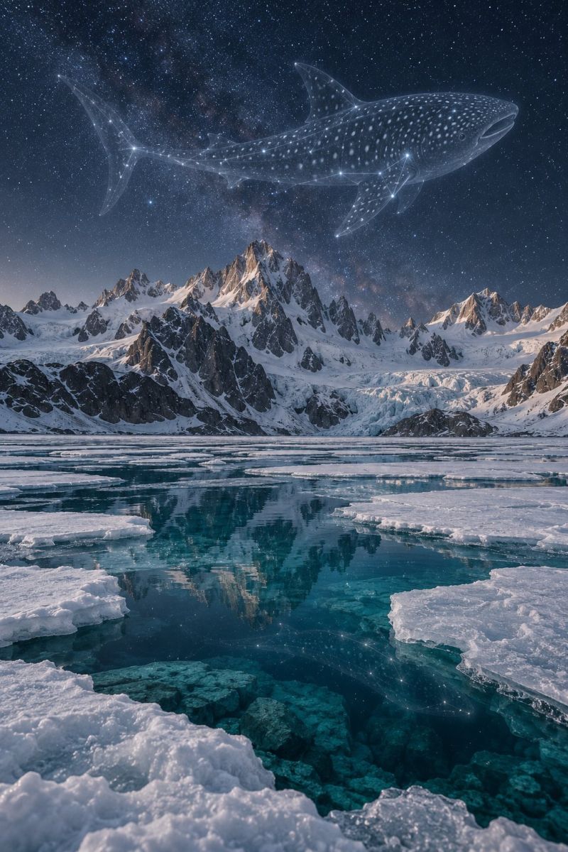 Whale ocean night sky stars reflection water ice mountains snow glacier nature wildlife fantasy dream imagination A surreal image features a large, glowing whale shark floating above a snowy mountain range. The shark is depicted with a starry pattern on its body, blending into the night sky filled with stars. The mountains are covered in snow, and the foreground shows a serene, icy lake with reflections of the sky and the whale shark. The water is a deep blue, contrasting with the white snow and the dark sky.