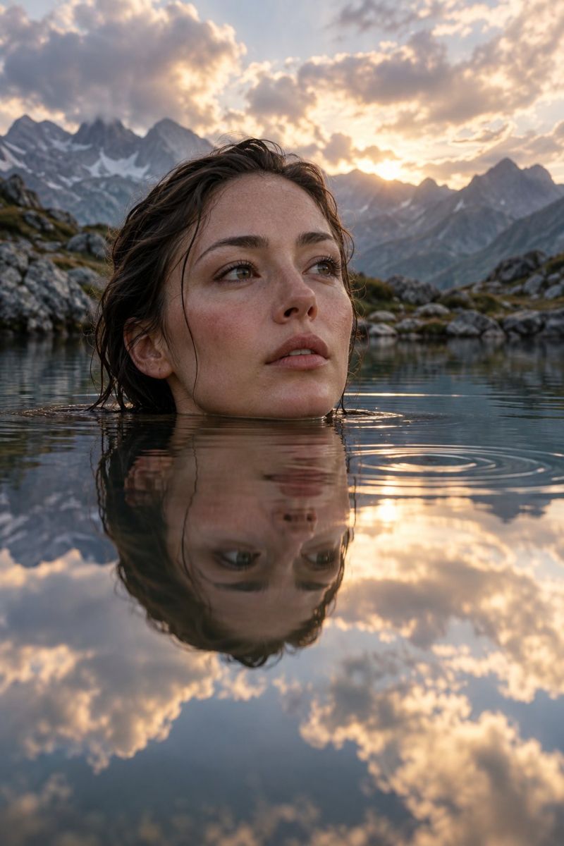 Woman water mountain reflection lake sunset nature outdoors swimming beauty sky clouds sunlight rocks vegetation evening range A woman with wet hair is swimming in a lake, her face partially submerged in the water. Her reflection is visible on the water's surface, showing her face and part of her hair. The water is calm, and the sky above is partly cloudy with a hint of sunset, casting a warm glow on the scene. In the background, there are mountains with some snow on their peaks, adding to the serene and picturesque setting.