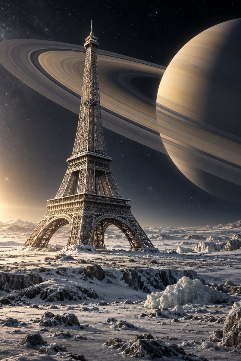 Saturn paris space moon night planet architecture landmark sky spaceship star stone structure sun tower travel universe water winter eiffel The image features the Eiffel Tower standing prominently in a snowy landscape. The tower is surrounded by rocks and snow, with a distant view of Saturn in the sky. Saturn's rings are visible, and the planet appears large and detailed. The sky is dark, with stars scattered across it, and the sun's rays illuminate the scene, casting a warm glow on the tower and the surrounding area.