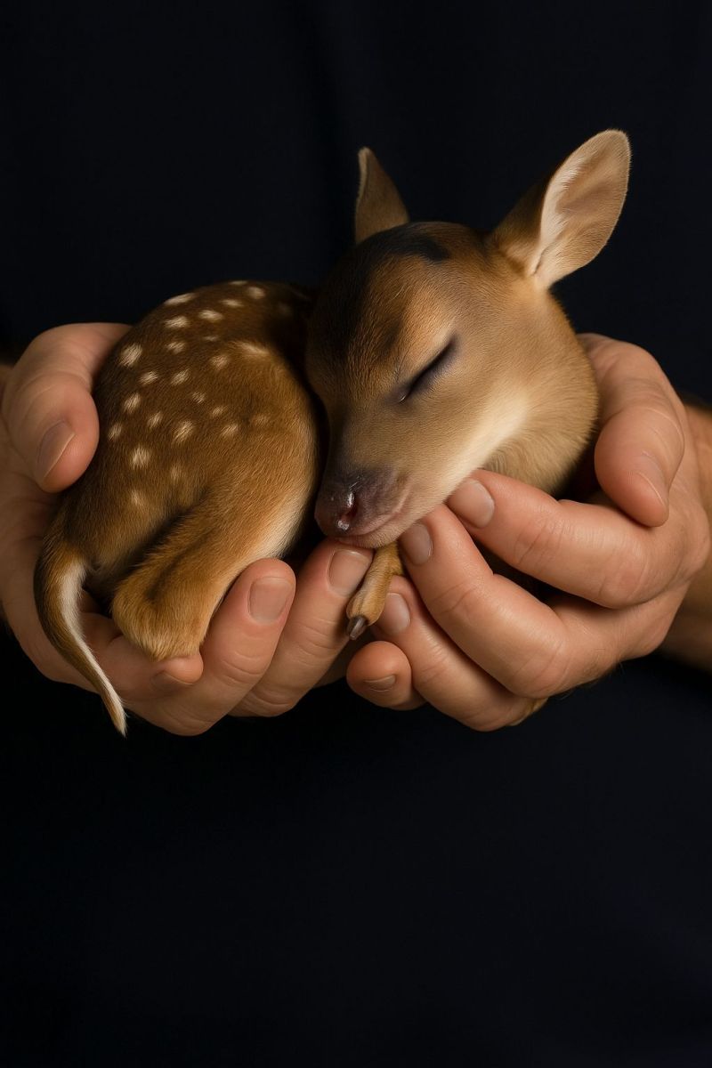 Sleeping hands wildlife cute animal gentle adorable nature deer soft peaceful baby A small, sleeping deer is being held in the hands of a person. The deer has a light brown coat with white spots, and its head is resting on the person's palm. The deer's eyes are closed, and it appears to be in a peaceful sleep. The person's hands are gently cradling the deer, and the background is dark, possibly indicating that the photo was taken in a studio or a dimly lit room.