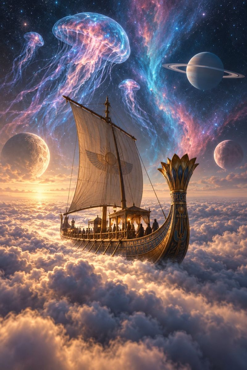 Vaisseau spatial espace nuages ciel planetes etoiles univers fantaisie imagination exploration aventure extraterrestre cosmique celeste astronomie gal Un ancien navire de style égyptien flotte dans le ciel, entouré de nuages. Le navire a une coque dorée et une voile blanche aux motifs complexes. Plusieurs personnes sont à bord, certaines debout, d'autres assises. Le navire est orné de décorations dorées et possède une grande proue ornée. En arrière-plan, des planètes, des lunes et des méduses flottent dans l'espace. Le ciel est rempli d'étoiles et de nébuleuses, créant une atmosphère surréaliste et surnaturelle.