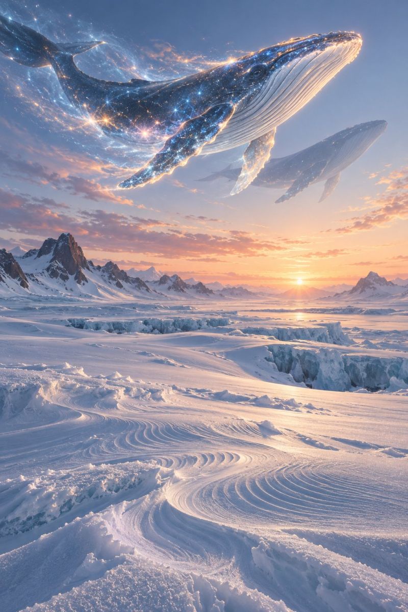 Whale sky snow mountain ice water sun cloud sunset horizon reflection nature fantasy space ocean Two humpback whales are soaring gracefully through the sky, their bodies illuminated by a soft, ethereal light. The whale in the foreground is depicted with a starry sky pattern on its body, adding a magical touch to the scene. The sky is a blend of blue and orange hues, suggesting the setting sun. Below, a vast, snowy landscape stretches out, with a glacier visible in the distance. The snow is pristine and undisturbed, with gentle waves and ripples indicating the presence of wind. In the background, a range of snow-capped mountains stands tall, their peaks bathed in the warm glow of the sunset.