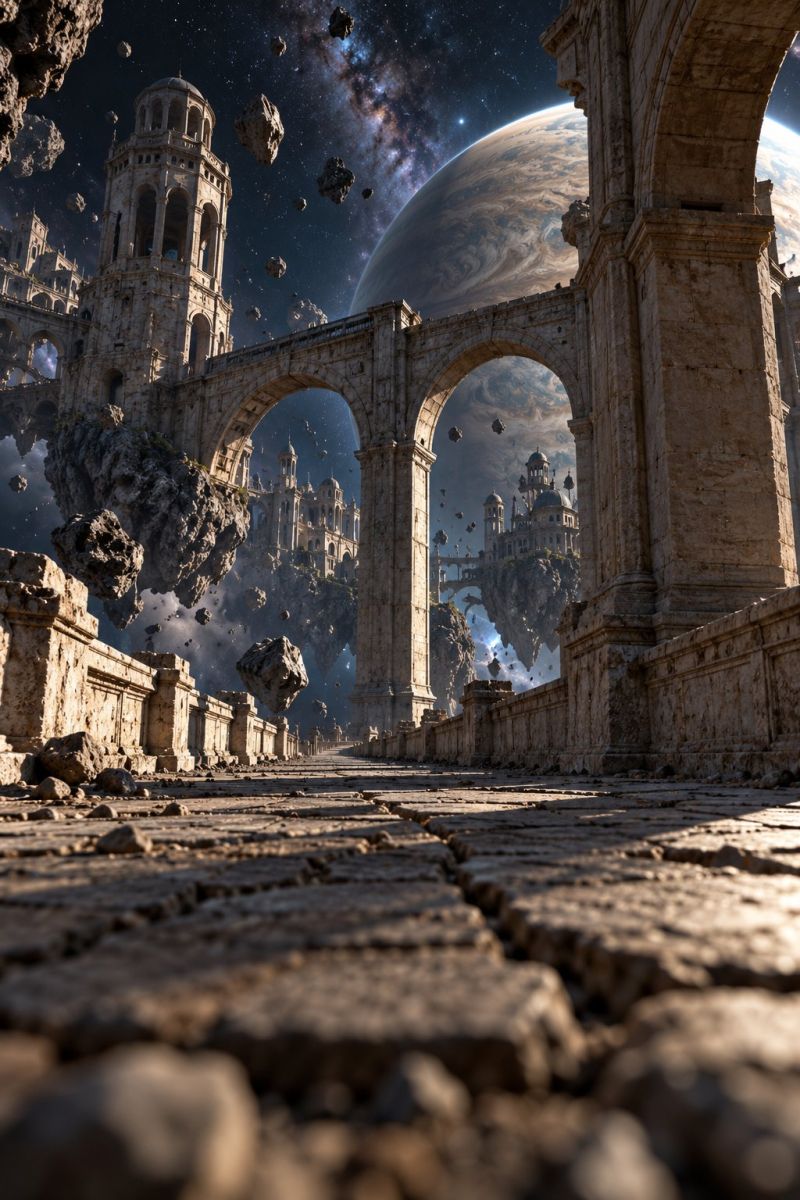 Architecture bridge castle city cloud clouds concept construction design fantasy fictional floating futuristic galaxy imagination island medieval mode fantastical scene with a large, ancient stone bridge leading into a vast, rocky landscape. The bridge is supported by two large arches and is flanked by towering stone pillars. In the background, a massive planet with swirling clouds and a starry sky is visible, adding a sense of scale and wonder. The bridge is littered with rocks and debris, suggesting a sense of decay or destruction. The sky is dark, with a few stars visible, and the planet's surface is illuminated by a soft, ethereal light. The overall atmosphere is one of mystery and intrigue, with a sense of history and grandeur.