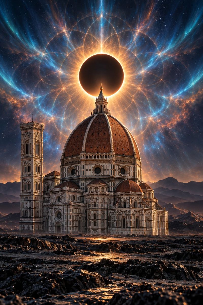 Architecture astronomy building cathedral city classical dark sculpture statue temple town village wall window worship A grand architectural structure resembling a cathedral stands prominently in the foreground. large dome with a cross at its peak, surrounded by intricate designs and arches. The building is set against a back of a total solar eclipse, with the sun's corona visible around the dark silhouette of the moon. The sky is a deep blue with swirling patterns that resemble a cosmic nebula. The foreground is rocky and barren, with the building's shadow cast upon the ground. In the distance, mountains are faintly visible, adding to the surreal and otherworldly atmosphere.