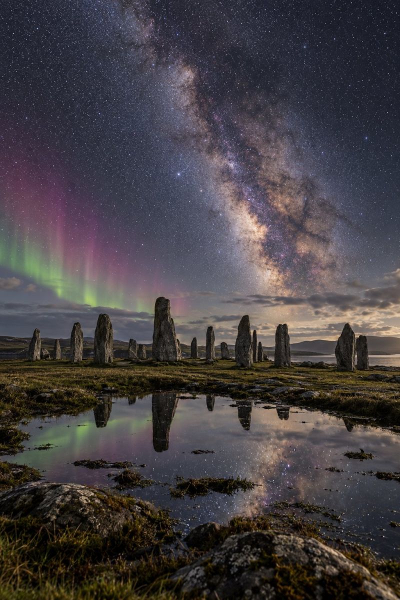 Etoiles reflexion eau rochers herbe montagnes nuages nature air astronomie obscurite atmosphere meteo nuit ciel voie lactee aurore boreale L'image capture une scène nocturne époustouflante mettant en scène un cercle de pierres dressées, connu sous le nom de cercle de pierres, sur fond de ciel nocturne éclatant. Le ciel est rempli de la galaxie de la Voie lactée, qui brille d'une riche teinte dorée, et est parsemé d'innombrables étoiles. Au-dessus du cercle de pierres, les aurores boréales dansent dans le ciel dans des tons de vert, de violet et de rose. Le reflet des lumières et des étoiles scintille à la surface d'un petit plan d'eau au premier plan. Les pierres sont régulièrement espacées et semblent être de hauteurs variables, créant une structure symétrique et d'aspect ancien. La scène se déroule dans un paysage herbeux et ouvert, avec des collines lointaines visibles à l'horizon.