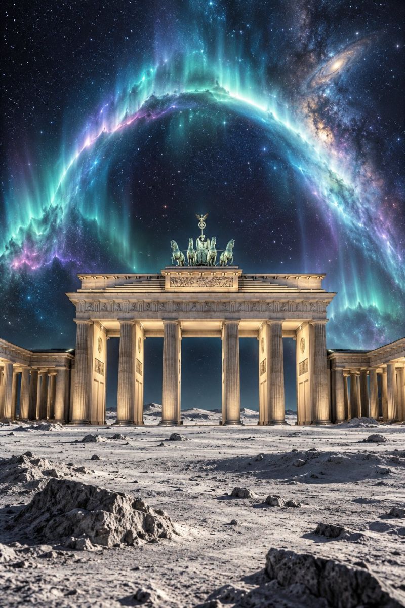 Berlin architecture night sky stars aurora galaxy space moon rocks snow sculpture horses crown classical ancient mythology fantasy imagination branden The Brandenburg Gate, a grand neoclassical monument, stands prominently in a vast, snowy landscape. The gate is adorned with a golden quadriga statue at its top, depicting a chariot pulled by four horses. The sky above is a breathtaking display of cosmic elements, featuring the Aurora Borealis in vibrant shades of green and purple, and a galaxy with swirling stars and nebulae. The scene is surreal, blending the architectural beauty of the Brandenburg Gate with the ethereal and otherworldly elements of space.