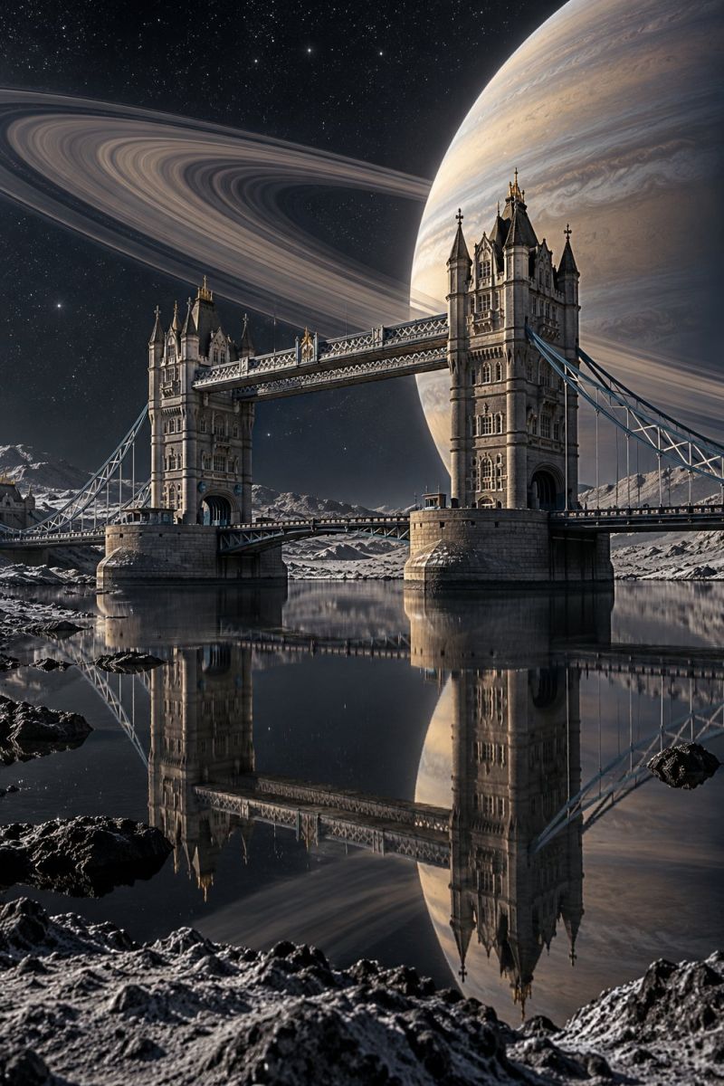 Bridge architecture night planet space sky reflection water tower fantasy imagination astronomy cosmos universe celestial star moon outer futuristic scene with the iconic Tower Bridge of London set against a back of a massive planet, possibly Saturn, with its rings prominently visible. The bridge is depicted in a serene, reflective state, with its towers and arches mirrored perfectly in the calm water below. The sky is dark, dotted with stars, and the planet's surface is visible, showing a mix of light and shadow. The scene is set in a snowy, mountainous landscape, with rocks and ice visible around the bridge's base. The overall atmosphere is tranquil and otherworldly, blending elements of architecture, nature, and space.