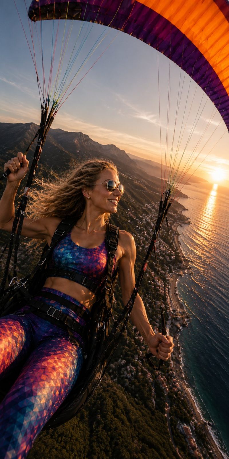 Woman paragliding sky sunset adventure mountains ocean sun paraglider flying sea coast beach skydiving parachute travel vacation freedom extreme sport A woman is paragliding over a coastal area with mountains in the background. She is wearing a colorful, geometric-patterned sports bra and leggings, along with sunglasses. She is holding onto the paragliding harness with both hands, and her hair is blowing in the wind. The paragliding canopy is multicolored with orange and purple sections. The sun is setting in the distance, casting a warm glow on the water and the land below.