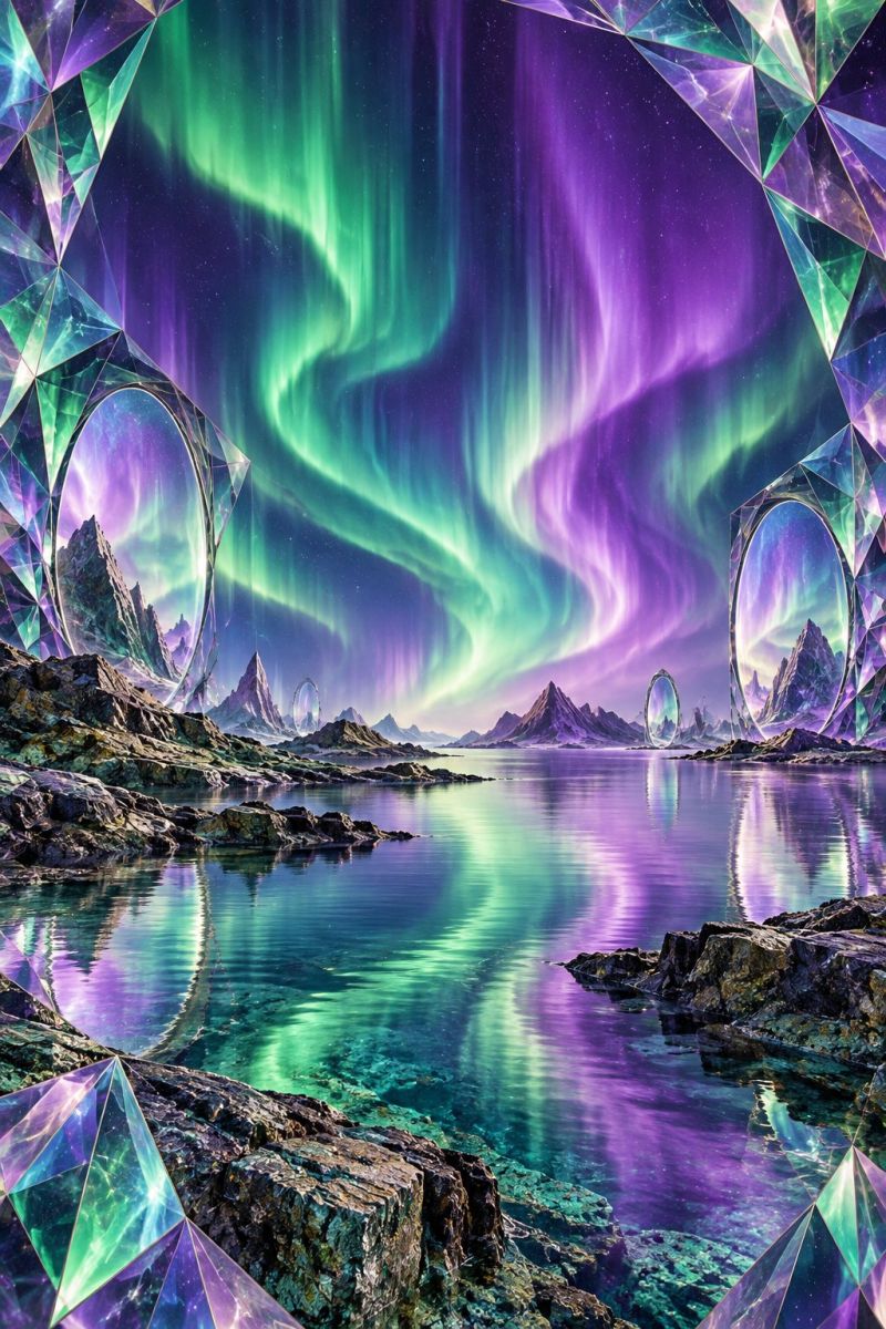 Aurora sky night reflection water lake mountains rocks crystal geometric fantasy dreamlike colorful nature northern surreal landscape with a large, circular structure in the foreground. The structure is made of a series of interlocking, transparent, and reflective geometric shapes, primarily in shades of purple, green, and blue. The background showcases a dramatic sky filled with vibrant, dancing auroras in shades of green, purple, and pink. The auroras create a mesmerizing, ethereal effect, casting a soft glow on the surrounding landscape. The sky is dark, with only a few stars visible, adding to the mystical atmosphere. The foreground includes a body of water, reflecting the colors of the auroras and the geometric structure. The overall scene is a blend of natural beauty and futuristic design, creating a captivating and otherworldly environment.