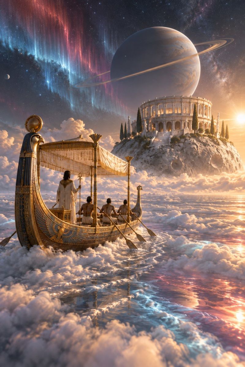 Boat cloud clouds cosmos fantasy god heaven helm journey magic mythology ocean painting people pharaoh sky space spirituality In a surreal scene, a golden boat with intricate designs sails through a sea of clouds. The boat is adorned with a canopy and has a majestic eagle head at the front. A figure in a white robe stands at the front, holding a staff. Four men row the boat, paddling through the clouds. Behind the boat, a large rock formation with a grand, ancient structure atop it is visible. The structure resembles a temple with columns and a staircase leading up to it. The sky is filled with vibrant colors, including reds, blues, and greens, and features a large planet with rings, along with a distant moon and auroras.