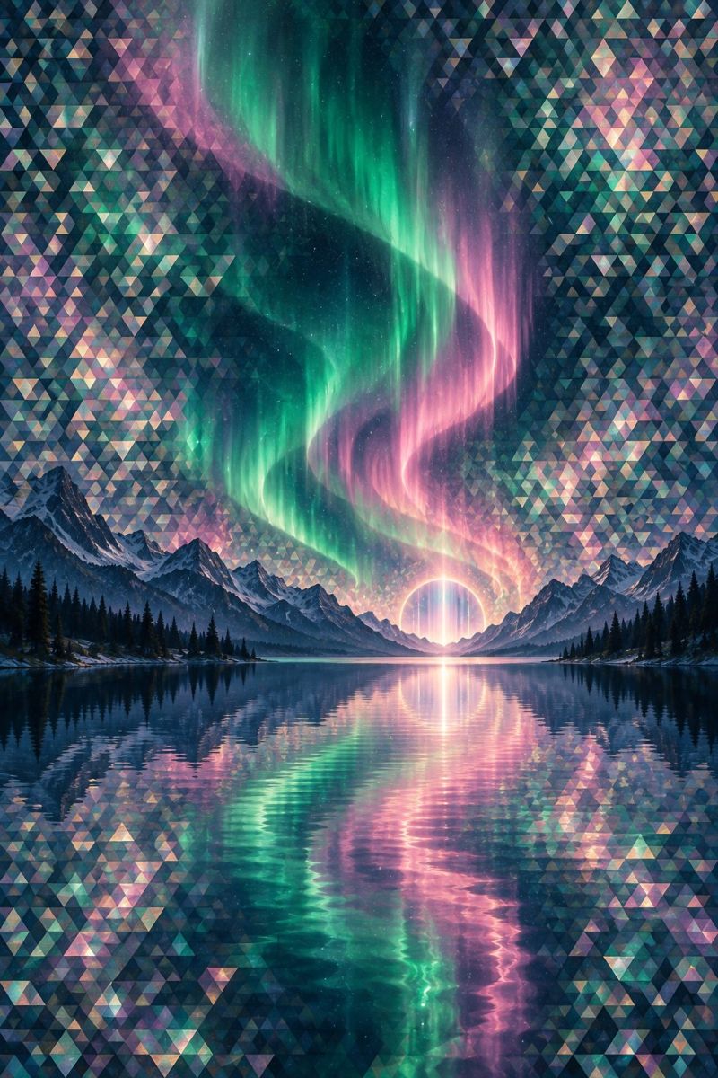 Reflection lake mountains trees snow colorful nature sky stars water triangles aurora borealis northern night geometric pattern serene landscape with a large body of water reflecting vibrant colors of the aurora borealis. The sky is filled with a mesmerizing display of green, pink, and purple lights, creating a swirling pattern that seems to dance across the night sky. The aurora lights are reflected on the water, creating a mirror-like effect that adds to the magical atmosphere. In the background, there are snow-capped mountains and a few trees, all of which are silhouetted against the colorful sky. The overall scene is a breathtaking blend of natural beauty and artistic design.