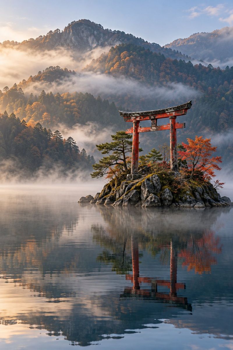 Lake mountain water reflection nature tree fog sky cloud rock sunrise sunset autumn mist cloudy outdoors scenery temple shrine there is a serene and picturesque scene featuring a small island in the middle of a tranquil lake. The island is adorned with a traditional red torii gate, a symbol often associated with Shinto shrines in Japan. The torii gate stands prominently on the island, surrounded by a few trees, one of which has vibrant red leaves, adding a splash of color to the scene. The island itself is rocky and covered with moss, giving it a natural and untouched appearance. The lake is calm and reflects the sky, trees, and the torii gate, creating a mirror-like effect. In the background, there are majestic mountains partially covered in fog, adding to the mystical and serene atmosphere of the scene. The sky above is clear with a few scattered clouds, and the overall lighting suggests it is either early morning or late afternoon, casting a soft, warm glow over the landscape.