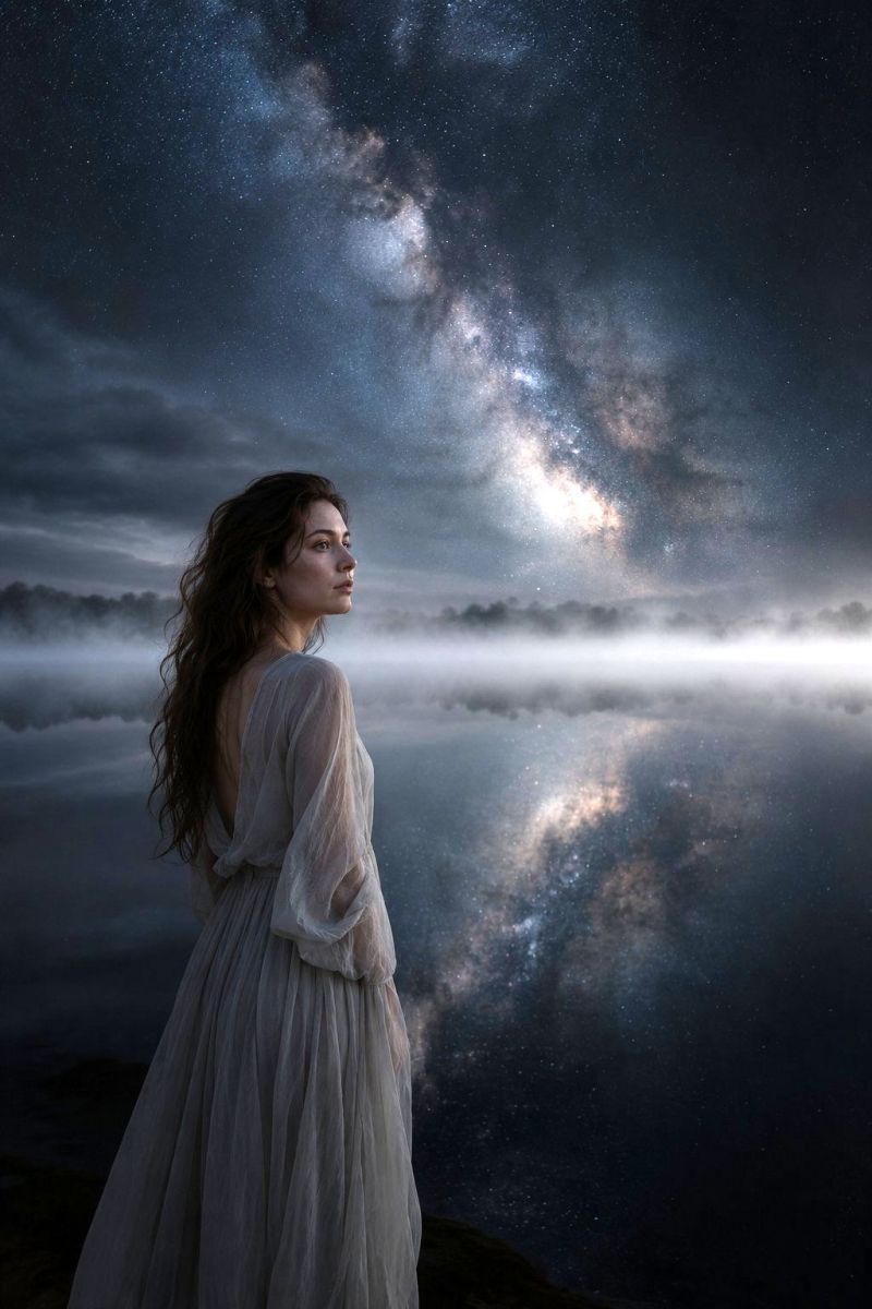 Femme nuit ciel etoile nuage lac eau reflet brouillard montagne robe cheveux regard emotion humeur Une femme aux longs cheveux ondulés se tient debout sur un rivage rocheux et regarde le ciel nocturne. Elle porte une robe blanche fluide qui flotte légèrement sous l'effet de la brise. Le ciel est d'un bleu foncé profond, rempli d'innombrables étoiles et de la bande brillante de la Voie lactée qui le traverse. L'eau au premier plan est calme et reflète les étoiles et le ciel, créant un effet de miroir. La scène est sereine et contemplative, la femme semblant perdue dans ses pensées alors qu'elle regarde l'immensité de l'univers.