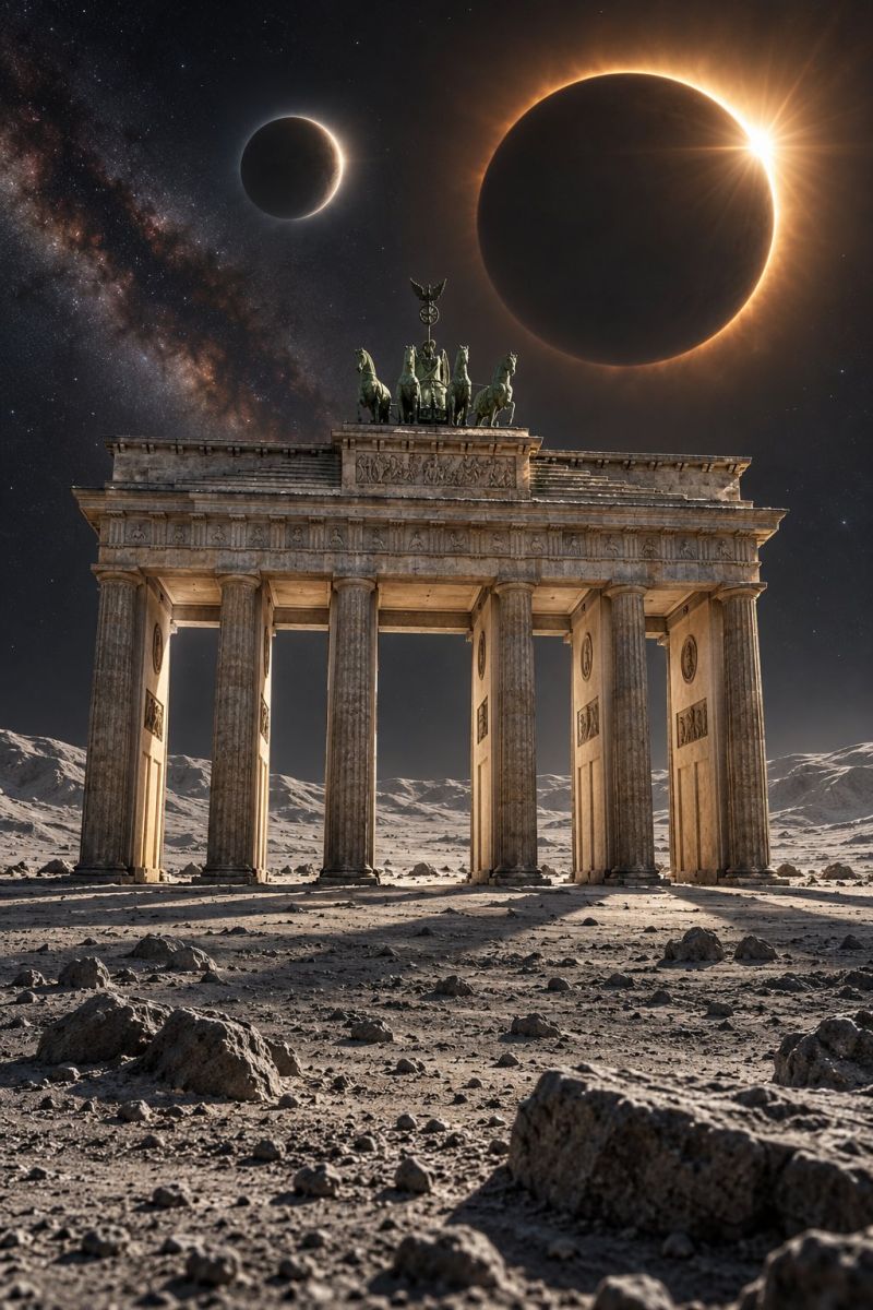 Architecture astronomie batiment classique sculpture temple statue structure texture mur fenetre L'image montre la porte de Brandebourg, un monument historique de Berlin, en Allemagne, dans un décor cosmique spectaculaire. La porte, avec son architecture classique surmontée de quatre chevaux, se dresse bien en vue dans un paysage désertique. Le ciel est rempli de corps célestes : deux grands cercles noirs représentant le soleil et la lune, partiellement éclipsés, créent un visuel saisissant. La lune est partiellement recouverte par le soleil, projetant une ombre spectaculaire. Le ciel nocturne est rempli d'étoiles et d'une Voie lactée faiblement brillante. La scène est baignée d'une lumière chaude et dorée qui met en valeur les textures et les détails de la porte et du terrain rocheux environnant.