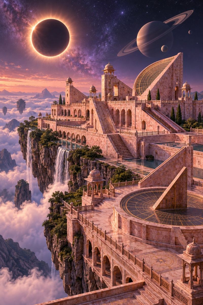 Architecture astronomy building castle city cloud clouds concept design fantasy fictional garden imagination imaginary mountain planet sky grand architectural structure built on a cliff, with a waterfall cascading down its side. The structure is made of stone and features multiple levels, each with intricate designs and arches. In the foreground, there is a circular platform with a star-like pattern on the ground. The sky is filled with celestial bodies, including a large planet with rings, a moon, and a sun partially eclipsed by a dark shadow. The background shows a beautiful sunset with hues of orange and pink, and a galaxy with stars scattered across the sky.
