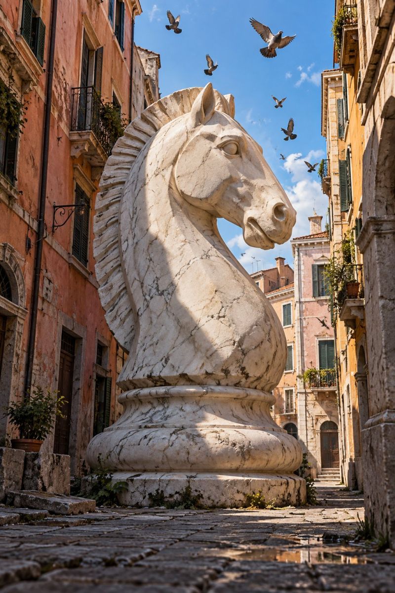 Given into chess echecs piece knight chevalier statue sculpture figurine design note often same way though can also mean broader sense decoration Dans une rue étroite pavée, une grande statue en marbre de la tête d'un cheval de chevalier se dresse de manière proéminente. La statue est richement détaillée, avec la tête du cheval tournée vers l'avant et sa crinière flottant gracieusement. La rue est bordée de vieux bâtiments avec des balcons et des fenêtres, certains ornés de plantes en pot. Des oiseaux volent dans le ciel, ajoutant une touche de vie à la scène. Le ciel est bleu avec des nuages éparpillés, et l'atmosphère générale est sereine et historique.