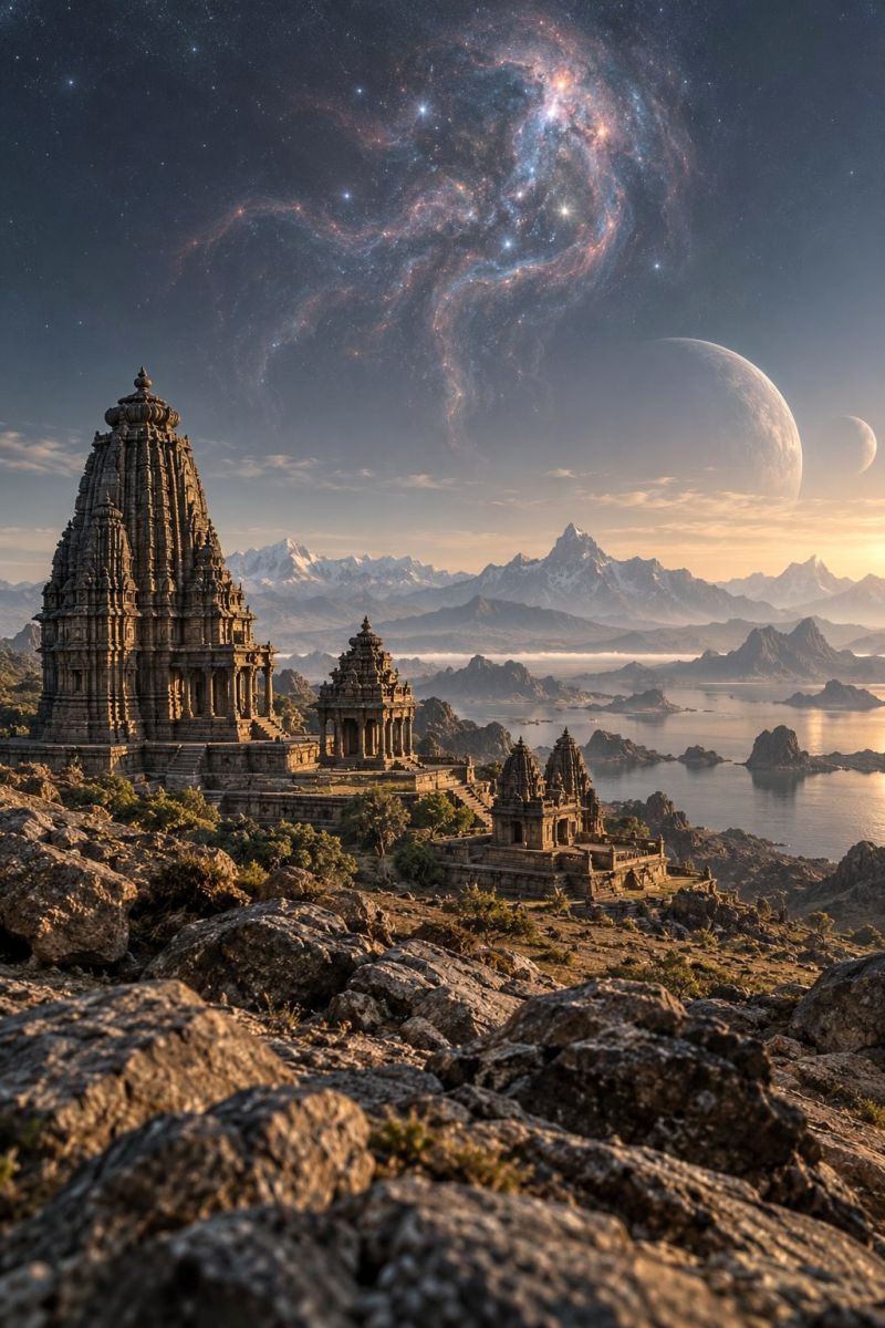Temple architecture ancient building sky night astronomy galaxy universe cosmos star planet moon mountain water reflection rock nature outdoor serene and majestic landscape featuring ancient architectural structures set against a back of a stunning night sky. In the foreground, there are several intricately designed stone temples with tall, pointed towers and elaborate carvings. These temples are surrounded by a rocky terrain with scattered greenery. To the left, a large temple with a prominent, pointed spire stands out, while smaller temples and structures are visible in the background. The sky is a deep blue, dotted with countless stars, and features a large, glowing galaxy with swirling arms of stars and nebulae. In the distance, a large, bright moon is visible, accompanied by a smaller, faint moon. The horizon is lined with majestic mountains, their peaks dusted with snow, and the entire scene is bathed in the soft, golden light of the setting sun.