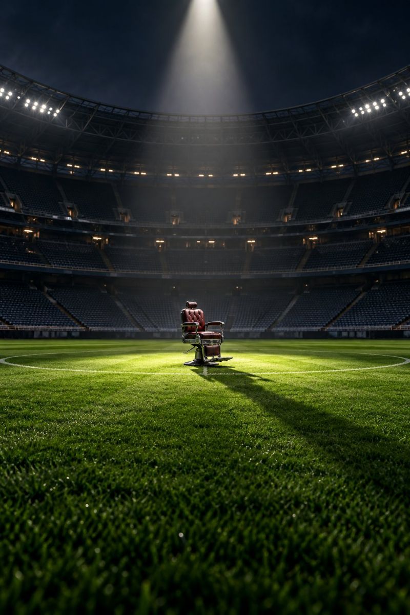 Stadium football soccer field grass night dark empty seats arena sport game competition team match illumination highlight center focus In the center of a large, empty stadium, a spotlight illuminates a single barber's chair placed on a lush, green field. The stadium is vast, with empty blue seats surrounding the field, and the atmosphere is dimly lit, with only the spotlight and a few scattered lights visible. The field is well-maintained, and the chair stands out as a solitary object in the vast, empty space.