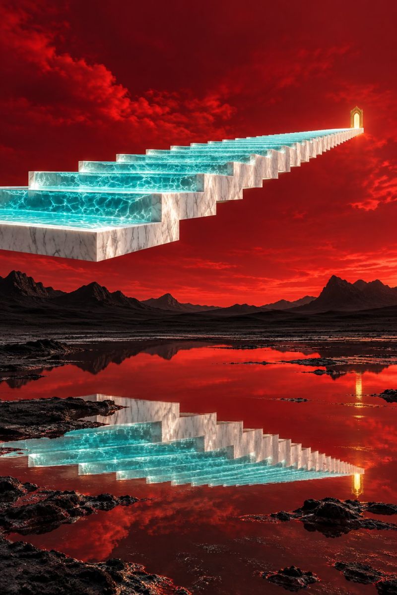 Escaliers eau reflet ciel rouge nuages montagnes desert imagination fantaisie reve surrealisme moderne contemporain architecture design scène surréaliste avec un grand escalier flottant en marbre blanc et eau bleue. L'escalier est suspendu dans les airs sur fond de ciel rouge ardent rempli de nuages spectaculaires. L'eau des marches semble claire et propre, contrastant fortement avec le rouge intense du ciel. L'escalier s'étend vers le haut et mène à une petite arche dorée au sommet, qui semble être un portail ou une entrée. Sous l'escalier, l'eau reflète la scène, créant un effet miroir qui ajoute à l'atmosphère surréaliste. Le premier plan présente un plan d'eau sombre teinté de rouge avec des rochers épars, reflétant la teinte ardente du ciel.