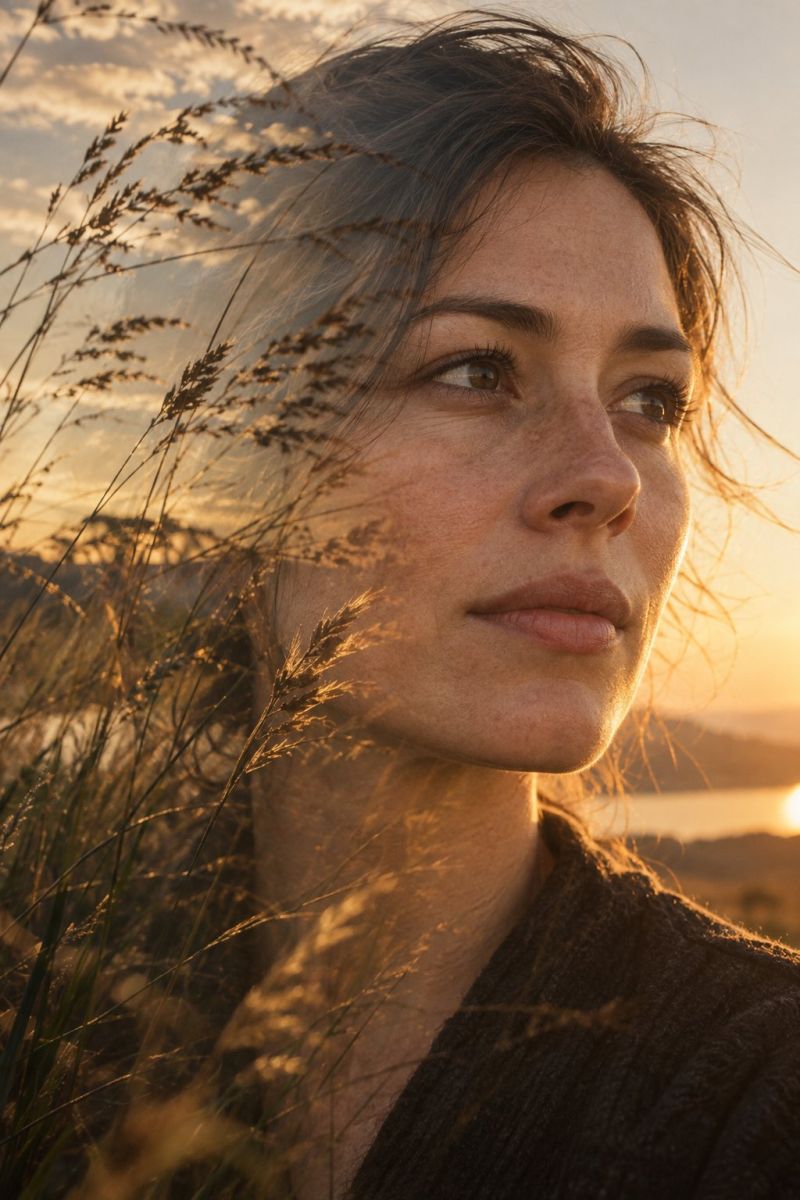 Femme cheveux soleil ciel herbe nature coucher beaute champ eau reflet montagne nuages ombre Une femme aux cheveux courts et ondulés se tient debout dans un champ d'herbes hautes, le visage partiellement masqué par l'herbe. Elle regarde vers la droite, ses lèvres légèrement entrouvertes et ses yeux sont fixés sur quelque chose au loin. Le soleil se couche derrière elle, projetant une lueur chaude sur son visage et sur l'herbe. Le ciel est un mélange de teintes orange et rose, avec quelques nuages visibles. L'arrière-plan est légèrement flou, avec un plan d'eau et des collines lointaines visibles.