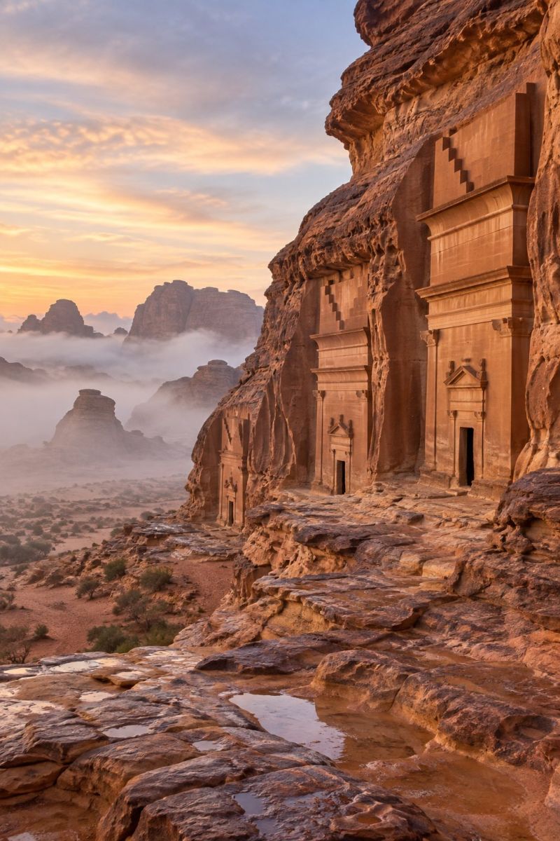Desert montagne rocher falaise coucher soleil ciel architecture batiment temple ancien ruine air nature voyages tourisme histoire culture patrimoine paysage désertique époustouflant au coucher du soleil. Au premier plan, il y a de grandes formations rocheuses accidentées avec des sculptures complexes, peut-être des tombes, sculptées dans la paroi de la falaise. Les sculptures sont détaillées et ornées, ce qui suggère une importance historique. Les roches sont d'une couleur brun rougeâtre foncé et se fondent parfaitement dans le terrain désertique environnant. Le ciel au-dessus est un dégradé de couleurs chaudes, passant d'un rose tendre près de l'horizon à un orange et un jaune plus foncés à mesure qu'il s'élève. Le soleil se couche et projette une lueur dorée sur l'ensemble de la scène. Au loin, il y a d'autres collines rocheuses et un soupçon de brouillard ou de brume, ce qui ajoute à l'atmosphère mystique. La scène générale est sereine et majestueuse, capturant la beauté de la nature et le passage du temps.