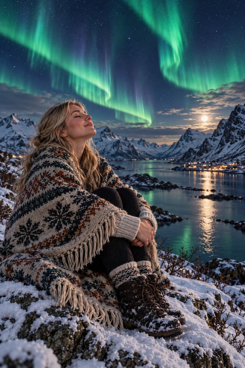 Woman snow mountain lake night sky aurora moon reflection water winter scenic beauty nature outdoors travel adventure inspiration A woman with long blonde hair is sitting on a snowy rock, gazing up at the sky. She is wrapped in a warm, patterned shawl and wears a pair of boots. The sky above is filled with the vibrant colors of the aurora borealis, with green and pink hues dancing across the night sky. In the background, there are snow-covered mountains and a serene body of water reflecting the lights of a nearby town. The moon is visible, adding to the magical atmosphere of the scene.