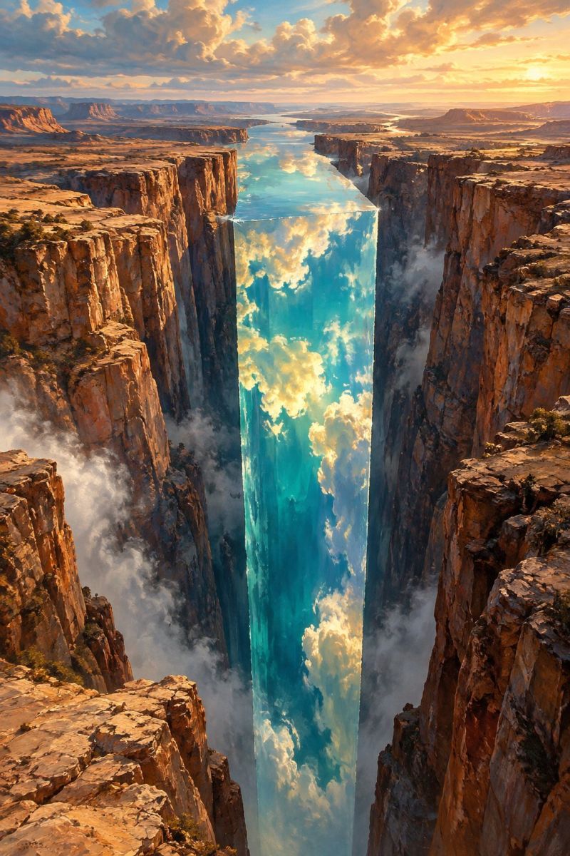 Eau ciel nuages montagne rocher soleil reflexion horizon nature jour beaute paysage spectaculaire traversé par un profond canyon. Les parois du canyon sont abruptes et accidentées, composées de formations rocheuses brunes et oranges. Au centre du canyon se trouve une impressionnante cascade verticale qui semble être faite d'eau, avec une teinte bleu clair et des nuages blancs visibles à l'intérieur. L'eau tombe en cascade depuis le sommet du canyon, créant une brume qui ajoute à la qualité éthérée de la scène. Le ciel au-dessus est un mélange de couleurs chaudes du coucher de soleil, avec des teintes d'orange, de rose et de jaune se mêlant à un bleu clair. Le soleil se couche à l'horizon, projetant une lumière dorée sur le paysage et ajoutant à l'atmosphère sereine et majestueuse de la scène.