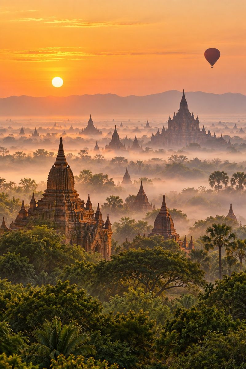Coucher soleil architecture pagode brume temple ciel nuages montagnes arbres nature voyage aventure destination air ancien chaud montgolfiere aerien L'image capture un paysage serein et pittoresque au coucher du soleil. Au premier plan, plusieurs temples anciens aux motifs complexes et aux flèches pointues sont entourés d'une végétation luxuriante. Les temples sont nichés dans une forêt dense, avec des arbres et des plantes créant un décor verdoyant et luxuriant. Le ciel est d'une teinte chaude et dorée, indiquant le soleil couchant. Au loin, une montgolfière flotte gracieusement, ajoutant une touche de fantaisie à la scène. L'ensemble du paysage est enveloppé d'une douce brume, conférant à la scène un caractère mystique et éthéré.