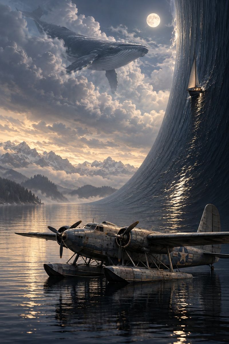 Aircraft airplane boat cloud clouds day fantasy fictional flying imagination mountain ocean painting In the foreground, an old seaplane with two propellers is floating on calm water. The plane has a star emblem on its side. Behind the plane, a large wave is crashing, with a sailboat caught in its midst. Above the wave, a large whale is flying through the clouds. In the background, there are mountains with snow-capped peaks, and the sky is filled with clouds. The moon is shining brightly in the sky.