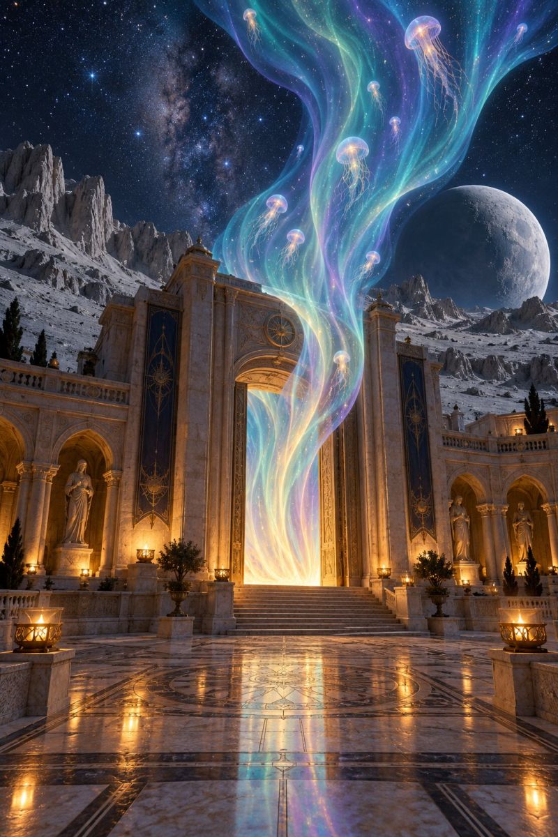 Architecture building castle city classical temple grand, ancient-looking building with a majestic entrance, illuminated by warm, golden lights. The entrance is flanked by statues and features a large, arched doorway. Above the entrance, there is a glowing, ethereal display of jellyfish floating in a vibrant, multicolored pattern against a back of a starry night sky. The sky is filled with stars, and a large, glowing moon is visible in the distance. The building is surrounded by a serene, snowy landscape with mountains in the background. The scene is both mystical and awe-inspiring, with a sense of grandeur and tranquility.