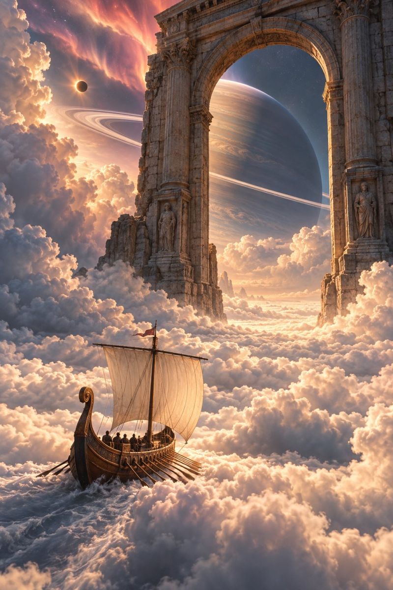 Boat cloud clouds cosmos fantasy fictional galaxy helm imagination journey moon planet sail ship sky space outer In the foreground, a Viking ship with a dragon head at the bow sails through thick clouds. The ship is manned by several people, rowing with oars. Behind the ship, there is a large arch made of stone, with statues on either side. The sky is filled with clouds, and in the distance, there is a planet with rings, and a moon is visible. The sky is a mix of orange and blue hues, suggesting either a sunset or sunrise.