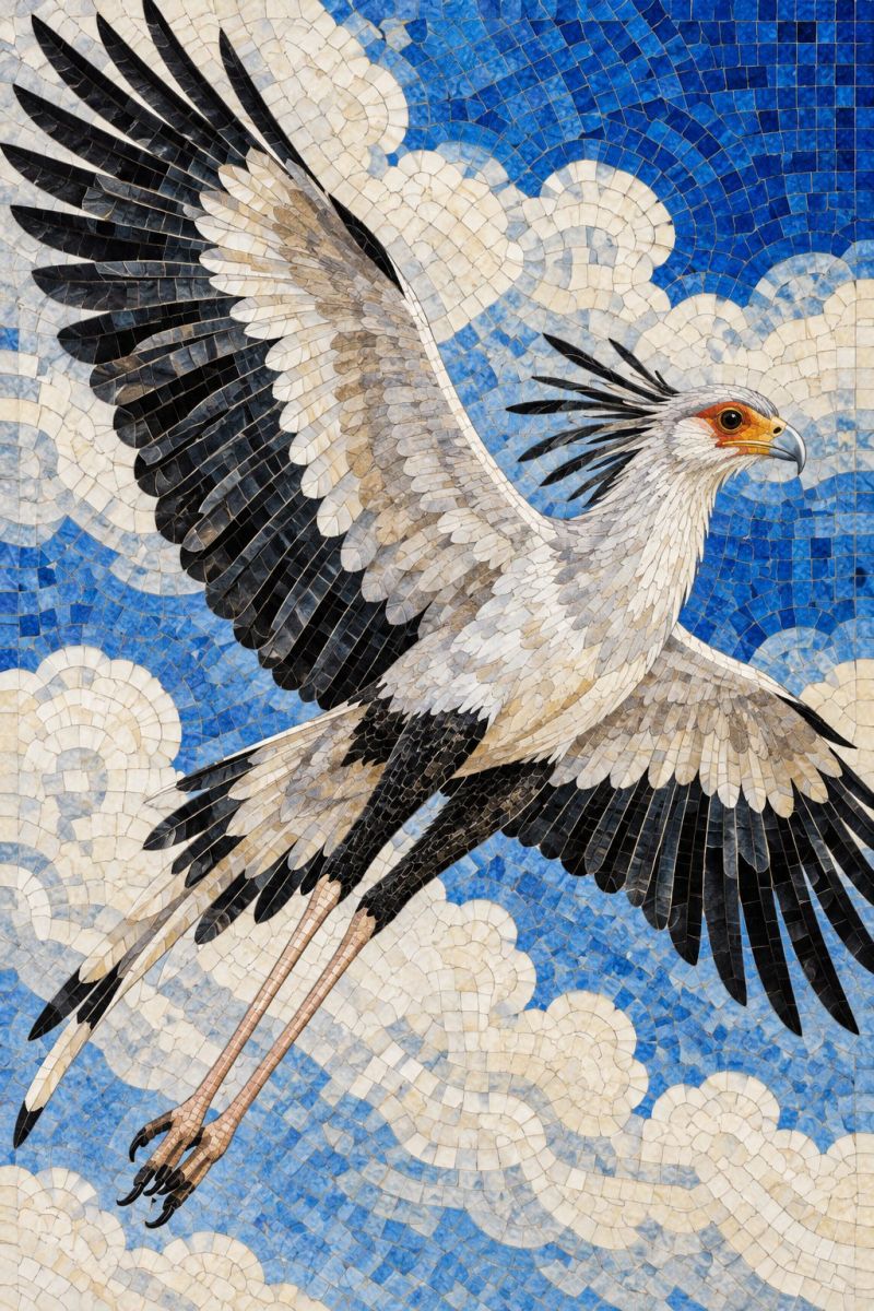 Oiseau bleu nuage plume plumes vol volant fauve insecte mosaique carreau oeuvre d'art en mosaïque d'un oiseau en vol. L'oiseau est principalement blanc avec des plumes noires et grises et possède un long bec pointu. Ses ailes sont largement déployées et ses pattes sont étendues vers le bas, ce qui donne l'impression d'être en plein vol. Le fond est une mosaïque de carreaux bleus et blancs, créant un effet de ciel avec des nuages. Les plumes de l'oiseau sont minutieusement détaillées, avec différentes nuances de blanc, de gris et de noir, et la technique de la mosaïque donne à l'oiseau un aspect texturé presque tridimensionnel.