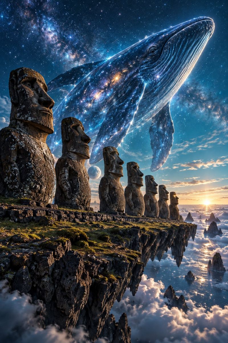 Statue cliff cloud sky sculpture rock ocean water sun sunrise sunlight sunbeam sunray sunshine sunny sunset sunsets A surreal scene features a large, glowing whale floating above a group of stone statues resembling the Moai of Easter Island. The statues are arranged in a row on a cliff edge, with a dramatic sunset in the background. The sky is filled with stars and a galaxy, creating a mystical atmosphere. The whale's body is illuminated by the stars, and its tail extends into the sky. The statues have distinct facial features and are carved from stone. The cliff is surrounded by clouds, and the ocean below is calm and reflective.