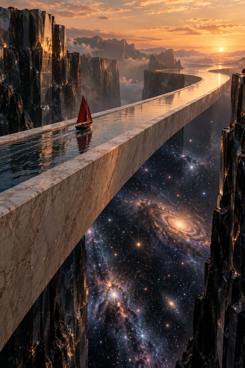 Pont bateau eau ciel montagne nuage coucher soleil galaxie espace roche reflet nuit etoile univers nuages mer colline collines Un voilier à voile rouge navigue sur un long pont incurvé en marbre qui s'étend sur un vaste canyon profond. Le pont est entouré de falaises abruptes et imposantes des deux côtés. Le ciel au-dessus est un mélange de teintes orange et rose, indiquant le soleil couchant. Sous le pont, le canyon s'ouvre sur un ciel étoilé et sombre rempli de galaxies et de nébuleuses, créant une atmosphère surréaliste et surnaturelle.