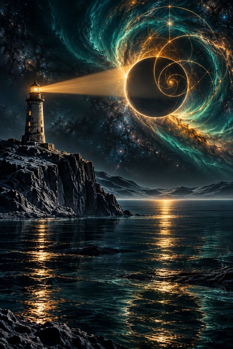 Lighthouse beam night dark sea ocean rock cliff mountain sky space universe galaxy star astronomy cosmic celestial cosmology lighthouse standing on a rocky cliff overlooking a vast ocean. The lighthouse emits a bright, golden beam of light that stretches across the scene, illuminating the surrounding area. The beam of light intersects with a large, dark planet in the sky, which is surrounded by swirling, colorful cosmic patterns. The planet is partially eclipsed by a spiral galaxy, adding to the surreal and otherworldly atmosphere of the image. The ocean is calm and reflects the light from the lighthouse and the planet, creating a mesmerizing and peaceful scene.