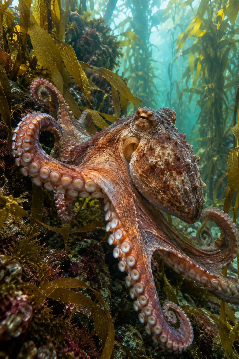 Poulpe mer sous marin cephalopode animal algue roche corail recif ocean faune nature aquatique invertebres exploration submerge habitat vie creature Une pieuvre nage dans l'océan, entourée de varech vert. La pieuvre a une grosse tête ronde avec une bouche en forme de bec et de grands yeux expressifs. Son corps est recouvert d'une peau texturée et bosselée qui mélange les couleurs marron et orange. La pieuvre possède huit longs tentacules fins enroulés autour d'un rocher. Les tentacules sont recouverts de petites ventouses rondes qui servent à saisir et à retenir des objets. L'eau est claire et bleue, et il y a d'autres rochers et plantes en arrière-plan.