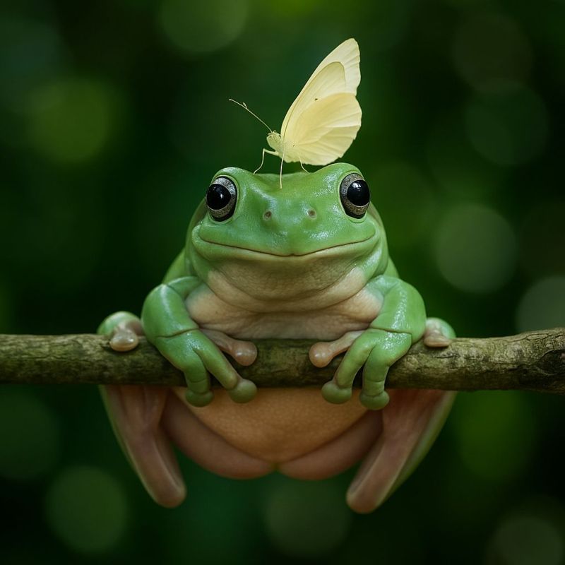 Grenouille papillon branche faune nature animal insecte vert amphibien dehors gros tete oeil jambe pattes griffer griffe Une grenouille au corps vert clair et au ventre brun clair est assise sur une branche. La grenouille a de grands yeux ronds avec des pupilles noires et un petit papillon de couleur claire perché sur sa tête. Les membres de la grenouille sont positionnés confortablement sur la branche, et son corps est légèrement incliné vers la droite. L'arrière-plan est un vert flou, possiblement dans un cadre de forêt ou de jardin.