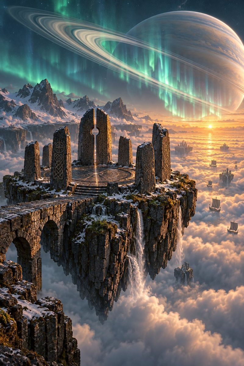 Fantasy sky clouds mountains water bridge rocks architecture bridges world In the foreground, there is a large stone structure with intricate carvings, resembling a temple or altar, perched on a cliff that overlooks a vast, cloudy landscape. The cliff is adorned with snow and has a waterfall cascading down its side. Surrounding the structure are several large stone pillars, each with unique carvings. In the background, a majestic planet with rings is visible, accompanied by vibrant green auroras dancing across the sky. The sky is a mix of orange and pink hues, indicating the setting sun. In the distance, there are several small boats floating on the clouds, adding to the fantastical and otherworldly atmosphere.