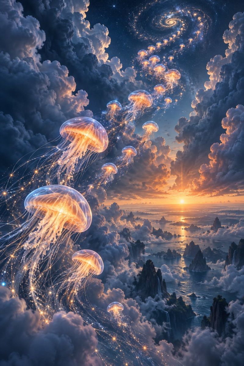 Meduse nuages ciel ocean coucher soleil spirale etoiles fantaisie onirique luminescent bioluminescence sous marin nature imagination ethere mystique scène surréaliste avec un groupe de méduses flottant gracieusement dans le ciel. Les méduses sont grandes, brillent d'une douce lumière dorée, et leurs corps translucides scintillent lorsqu'elles bougent. Le ciel est d'un bleu profond, rempli de nuages blancs et moelleux qui contrastent avec les nuages plus sombres et orageux en arrière-plan. Une galaxie en spirale est visible dans le coin supérieur droit, ajoutant à l'atmosphère fantastique. Sous les méduses, le soleil se couche à l'horizon, projetant une chaude lueur orangée sur l'océan et les falaises rocheuses. L'océan est calme, avec de petites vagues qui viennent doucement lécher les rochers. La scène est à la fois magique et irréelle, mêlant des éléments de la nature et de l'imagination.