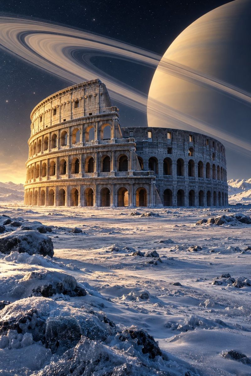 Architecture building classical ruins structure temple theater theatre triumphal arch The image features the ancient Roman Colosseum, a massive amphitheater, standing prominently in a snowy landscape. The Colosseum is depicted with its iconic arches and columns, and it is surrounded by a vast expanse of snow-covered ground. In the background, the planet Saturn is visible, with its distinctive rings clearly seen against the night sky. The sky is filled with stars, and the scene is bathed in a soft, golden light, possibly from the setting sun. The overall atmosphere is serene and otherworldly, blending historical architecture with a futuristic, space-themed setting.